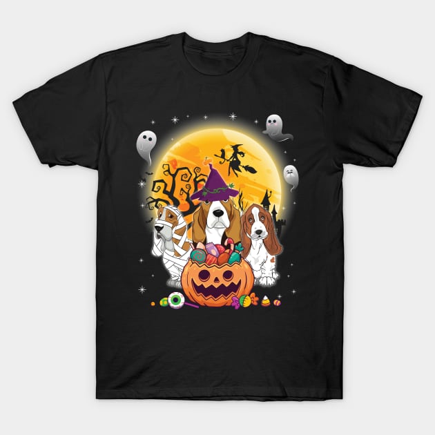 Basset Hound Dog Mummy Witch Moon Ghosts Happy Halloween Thanksgiving Merry Christmas Day T-Shirt by joandraelliot